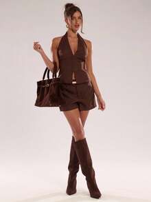 SHEIN BAE 女士时尚性感露背吊带上衣，夏季 - 咖啡棕 - 查看 3