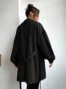 SHEIN EZwear 秋季大码休闲纯色双排扣风衣 - 黑色 - 查看 2