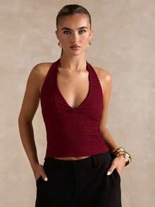 SHEIN BAE 女式简约纯色露背短款修身背心，夏季 - 酒紅色 - 查看 4