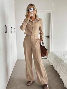 Easowa 翻领纽扣前长袖衬衫和前拉链褶裥腰斜口袋阔腿裤休闲宽松优雅商务套装女士两件套棕褐色两件套米色两件套两件套女士女士两件套棕褐色套装女士 - 卡其色 - 查看 4