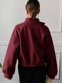 DAZY 女式休闲纯色立领口袋短款夹克，秋季 - 紫紅色 - 查看 2