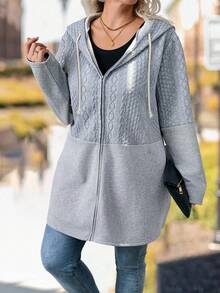 SHEIN CURVE+ Jacke in Große Größen mit strukturierten Einsätzen, Frontreißverschluss und Kapuze mit Kordelverschluss für den Lässig-Stil