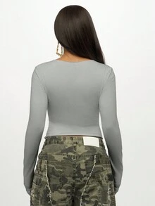 SUMWON WOMEN Cotton Women Long Sleeve V Neck Crop Top Butterfly Print Design Casual Fall Fashion Slim Fit Retro Y2K Style Everyday Basic Top - Grey - View 2