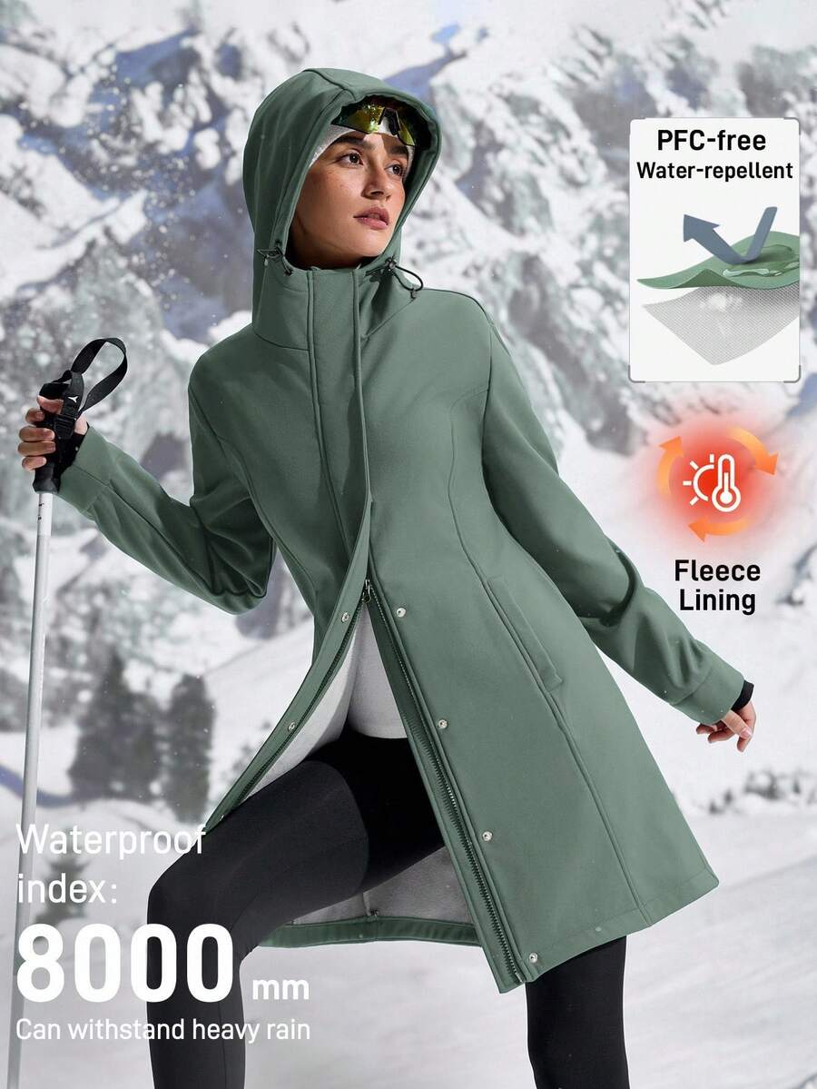 In My Nature Women's Hooded Fleece Mid-Length Windbreaker Keep Warm