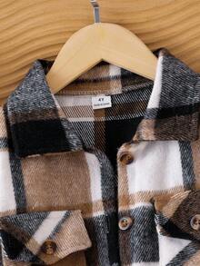 SHEIN Elladie kids 2件組少女復古90年代格紋襯衫外套休閒極簡吊帶連身褲，棕色波點秋季公主風7歲生日開學穿搭 - 卡其色 - 查看 7