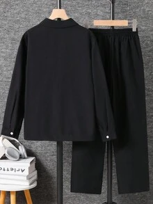 SHEIN Teen Boy Flap Detail Button Up Shirt & Drawstring Waist Pants Fall Winter