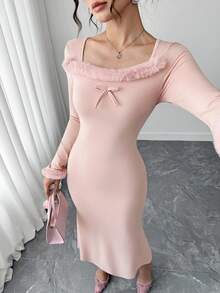 少女粉色方领蝴蝶结装饰腰部修身鱼尾下摆连衣裙，柔软甜美 - 粉色 - 查看 8