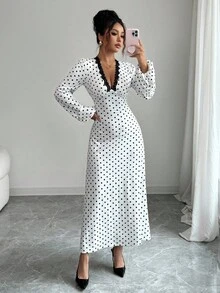 INAWLY Vestido feminino de manga comprida com decote em V e bolinhas, ideal para férias, encontros e passeios, outono/inverno - Branco - Ver 6