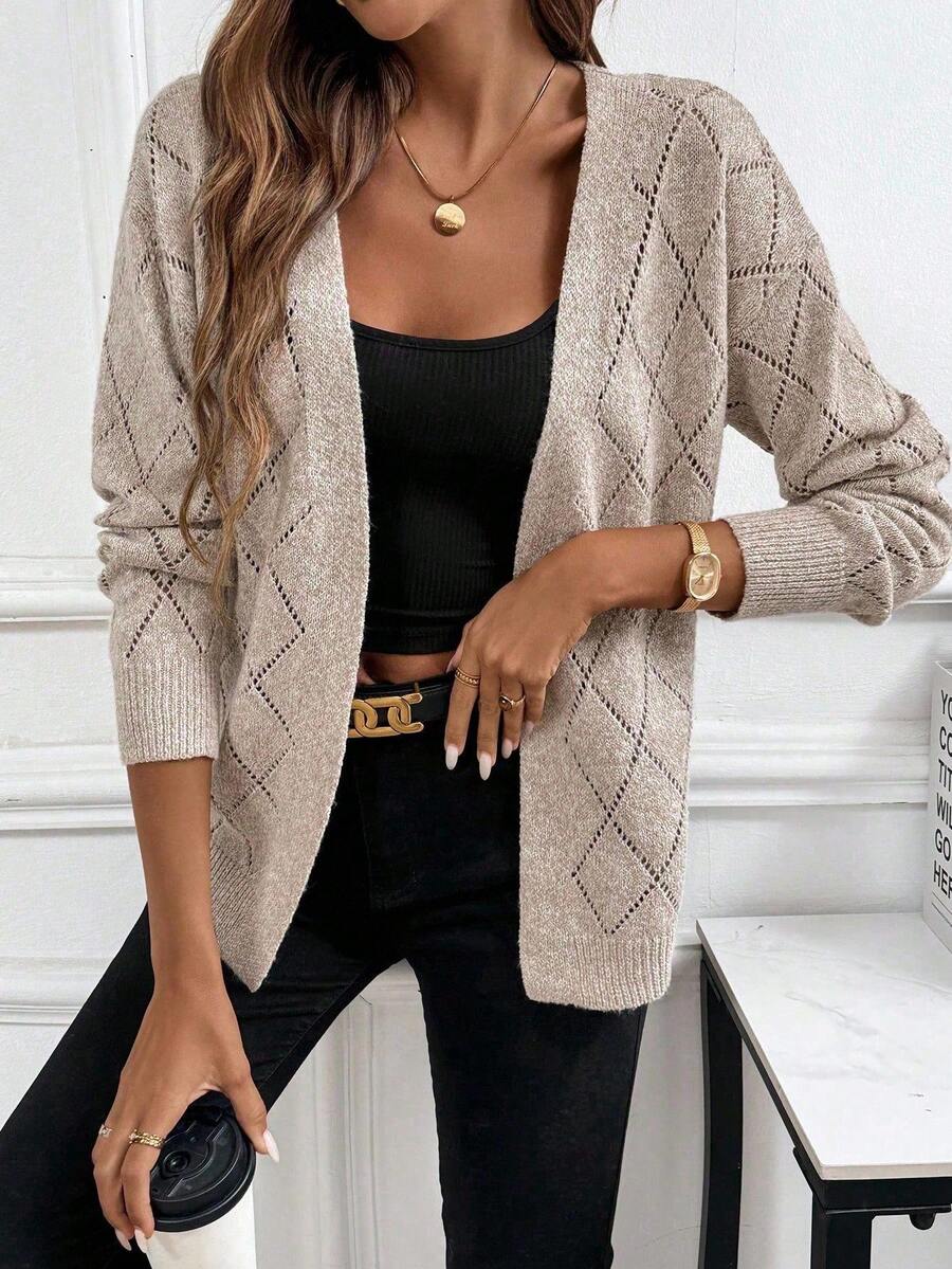 EMERY ROSE LUNE Casual Comfortable Hollow Rhombus Mesh Design Women Cardigan, Long Sleeve Top For Home, Vacation, Beach - Khaki - View 1