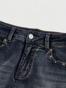 ROMWE Grunge Punk Spring/Summer Carnival Party Casual Y2K Vintage Punk Music Festival Sexy Low-Waist Distressed Rhinestone Decor Women's Low Waist Denim Shorts - Blue - View 3