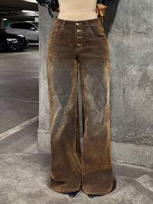 StreetHx 时尚复古水洗做旧阔腿牛仔裤 - 棕色 - 查看 1