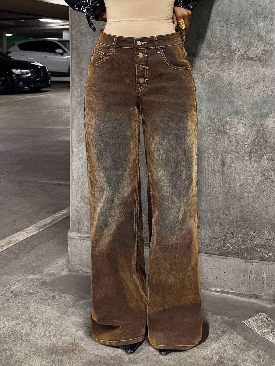 StreetHx 时尚复古水洗做旧阔腿牛仔裤 - 棕色 - 查看 1