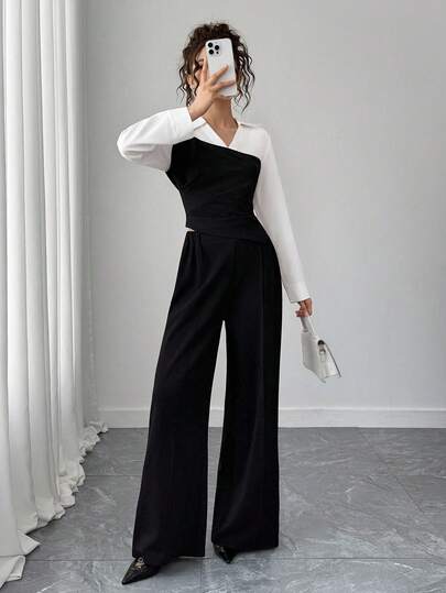 Set de 2 piezas: Camisa de manga larga con parches negros y blancos + Pantalones casuales para adolescentes en primavera/otoño