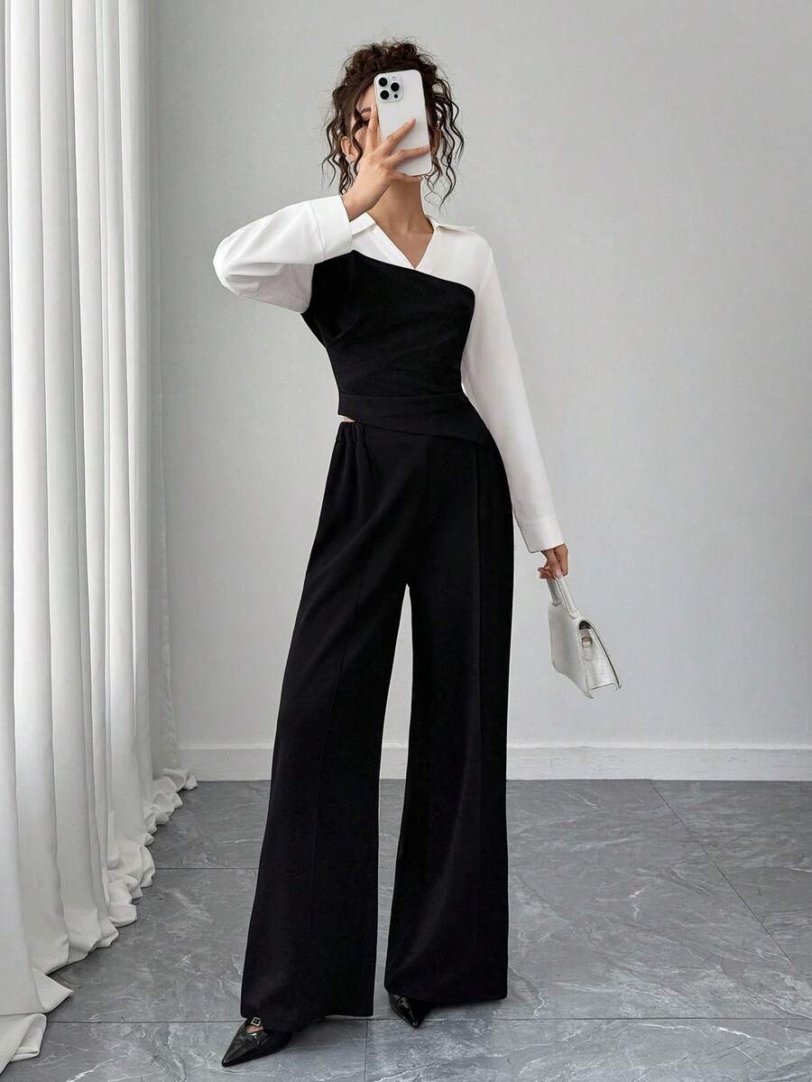 2件套青少年春秋款黑色拼布白衬衫长袖+休闲裤 - 黑色 - 查看 1