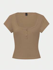 Zielony 甜美蕾丝边短袖 T 恤女士，全新夏季修身三扣装饰半袖上衣 - 卡其色 - 查看 7