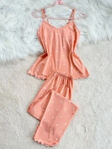 Polka Dot Lettuce Trim Cami PJ Set / Pajama Set - Coral Pink - View 5