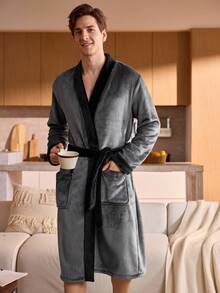 Snug Zone Men's Casual Colorblock Patchwork Belted Bathrobe, Autumn/Winter, Fluffy, Cozy - Dark Grey - View 5