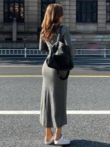 Livesso Women's Slim Fit Business Casual Solid Color Half-Placket Pullover Sweater Dress, Suitable For Office Wear In Autumn And Winter - Grey - View 5