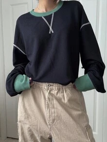 FRIFUL 女式海军蓝撞色绿圆领白色明线装饰落肩长袖宽松休闲百搭T恤，秋冬 - 藍色 - 查看 6