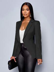 SOLERSUN 女装冬季优雅通勤新年派对情人节女士秋冬西装外套，收腰修身保暖冬季橙色西装外套 - 黑色 - 查看 6