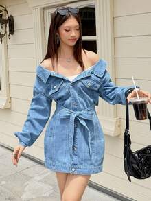 SHEIN EZwear 女式长袖单排扣时尚露肩性感牛仔连衣裙 - 藍色 - 查看 3