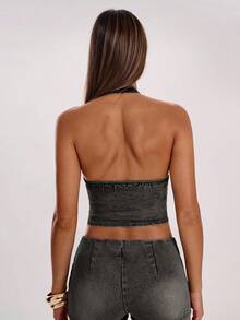 SHEIN BAE Women's Criss-Cross Backless Halter Denim Top - Black - View 2