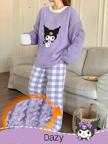 HELLO KITTY AND FRIENDS | SHEIN 女士冬季半羊毛针织卡通刺绣上衣和格子提花裤宽松睡衣套装，秋装 - 紫色 - 查看 1