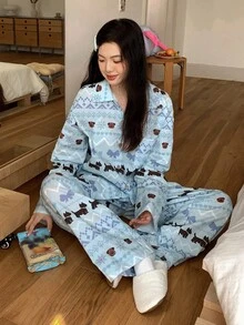 DAZY 可爱小狗蝴蝶结印花女士睡衣套装，秋冬服装 - 藍色 - 查看 6