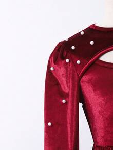 Glamorique Kids Mädchen Vintage elegantes Samt-Perlen-Dekor Ausschnitt rundhals Puffärmel Taille hoch A-Linie Midi-Kleid