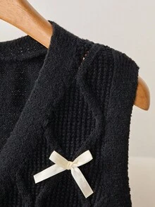 Franclia Plus Size Women Elegant Sweet Bow Knit Sweater Vest, Autumn/Winter New Casual Sleeveless V-Neck Layered Cardigan Pullover Bow Clothes Bows On Clothes Vest Shirt Sweater Vest Women Black Vest Women
