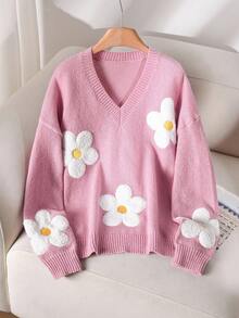 CosyJoli 大码优雅法式休闲粉色花朵可爱活泼3D针织V领套头衫女秋冬装
