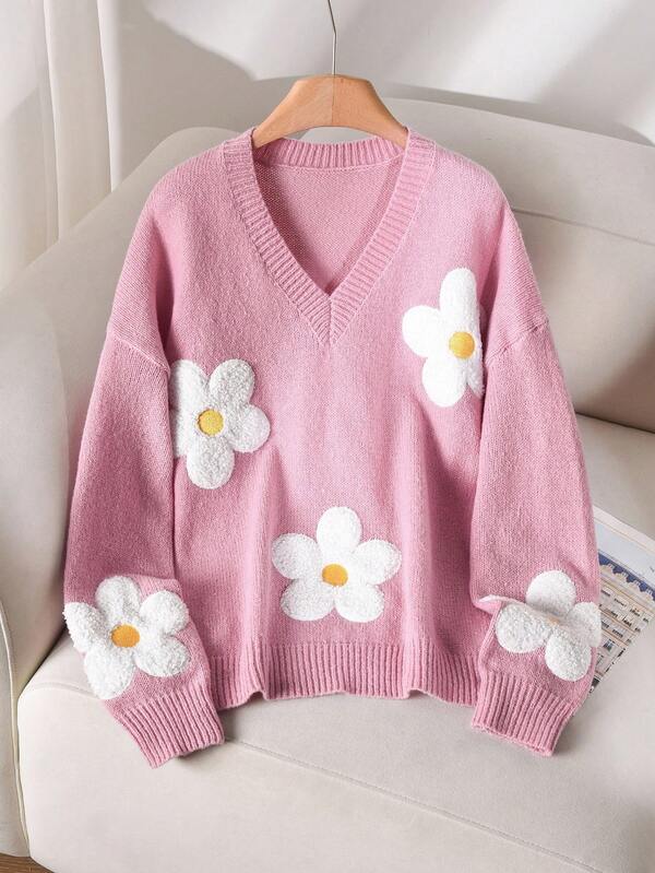 CosyJoli 大码优雅法式休闲粉色花朵可爱活泼3D针织V领套头衫女秋冬装