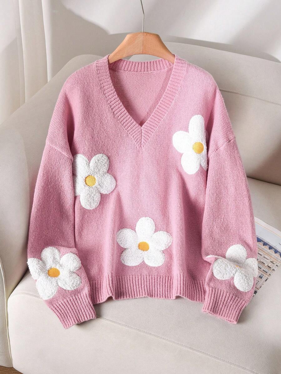 CosyJoli 大码优雅法式休闲粉色花朵可爱活泼3D针织V领套头衫女秋冬装