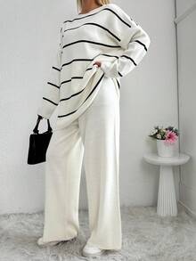 EURMUSE Women's Two Piece Set Striped White Sweater - Apricot - View 4