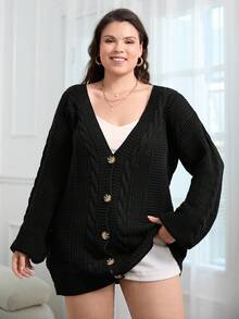 RueChic Áo khoác cardigan cài nút phía trước vai cỡ lớn, cho mùa đông - màu đen - Xem 4