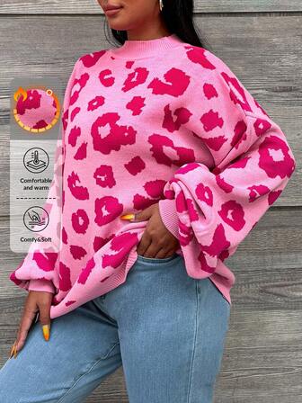 Plus Leopard Pattern Drop Shoulder Sweater, For Winter