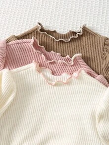 Cozy Pixies Set de 3 bodys de manga larga con cuello redondo, textura acanalada y volantes de contraste en unicolor para bebé niña - Rosa - Ver 4