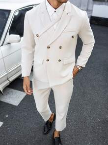 Manfinity Mode 2pcs/Set Men's Solid Color Double-Breasted Jacket & Trousers Suit,Gifts For Boyfriend,White Men Suits - Apricot - View 3