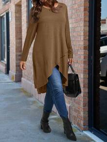 SHEIN Plus Size Solid Color Long Asymmetrical Hem Round Neck Long Sleeve T-Shirt - Khaki - View 5
