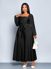 SOLERSUN Women's Plus Size Frenchy Solid Color Square Neck Long Sleeve Front Ruched Ruffle Hem A-Line Casual Elegant Dress , Spring/Summer New Women's Dresses