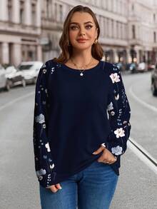 EMERY ROSE 大码女式花卉印花拼布卫衣，休闲秋季