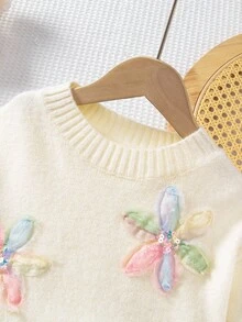 Sparklyn Young Girl Floral Pattern Crew Neck Sweater, Autumn/Winter Fall Girl's Single Sweater Top, Excluding Skirt - Beige - View 4