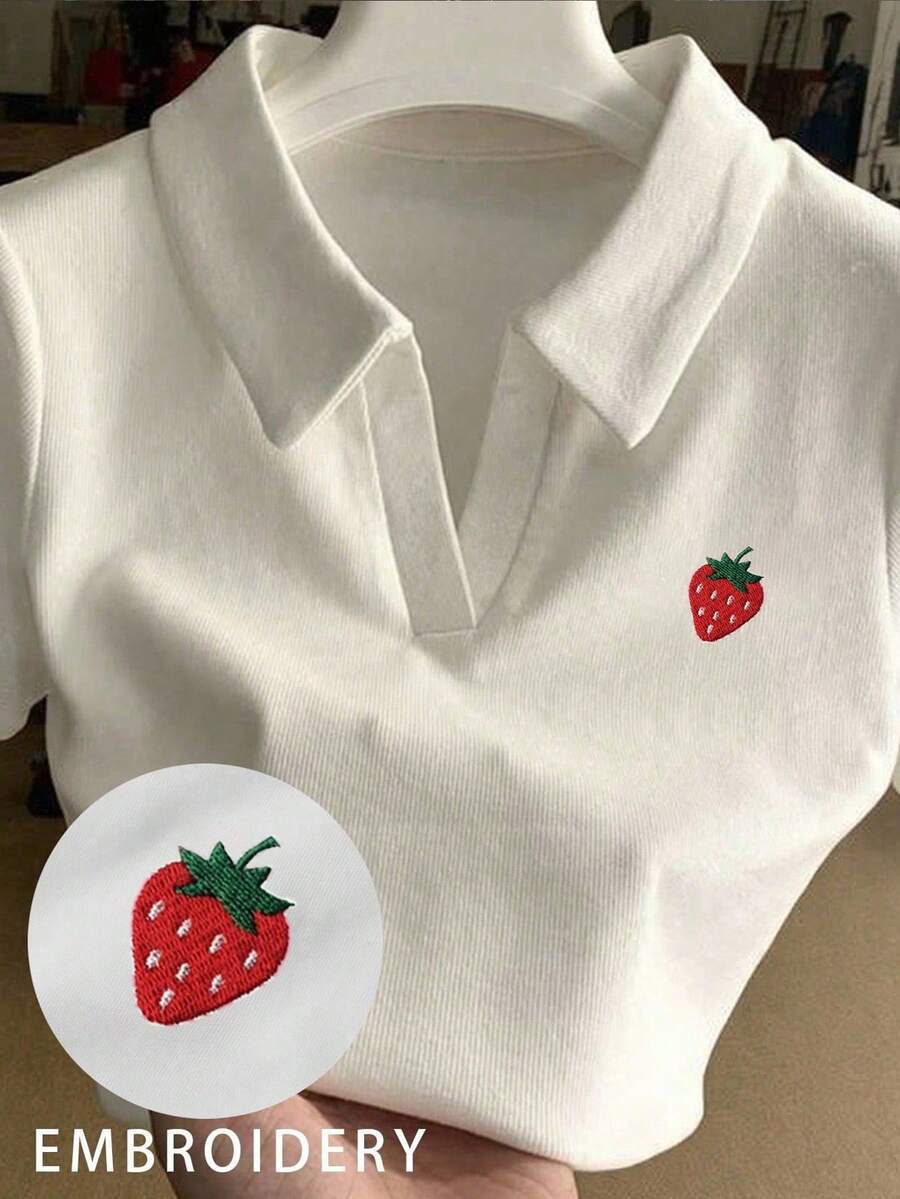 INAWLY Women's T-Shirt, Embroidered Strawberry T-Shirt, Cute Casual Top