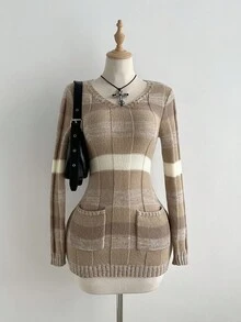 Elamini 拼色条纹V领长袖休闲口袋针织连衣裙，时尚 - 彩色 - 查看 3