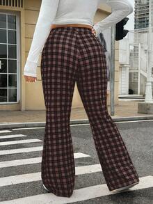 SHEIN EZwear Plus Size Plaid Print Elastic Waist Flare Pants/Winter - Brown - View 2