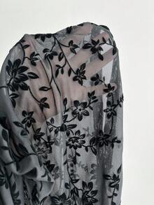 Elamini Camiseta de manga larga con cuello en V, ajustada, con estampado floral y efecto flockado, de estilo sexy y casual, versátil para el otoño - Negro - Ver 6