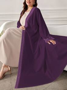 SHEIN Najma Áo khoác cardigan dài tay thời trang in họa tiết hoa kỹ thuật số cỡ lớn màu tím dành cho nữ, phong cách Abaya Ả Rập thanh lịch, mùa xuân/thu - Nhiều màu - Xem 4