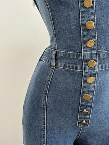 Elamini 女式纽扣设计休闲喇叭腿牛仔连体裤 - 中等水洗藍 - 查看 4