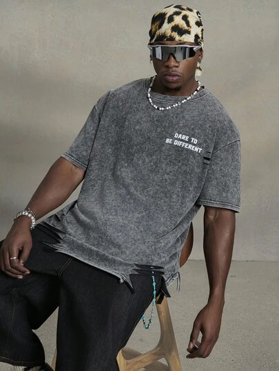 PAVTROS Men's Letter Print Distressed Casual Short Sleeve T-Shirt For Summer