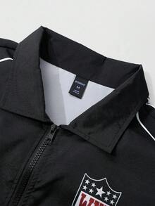 ROMWE MEN Prep Unisex Motorcycle Street Style American English Graphic Print Long Sleeve Jacket, Autumn/Winter